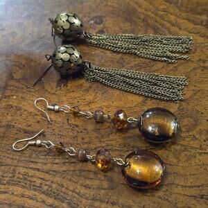 Vintage Antique Brass Mesh Filigree Ball Tassel & Glass Drop Dangle Earrings
